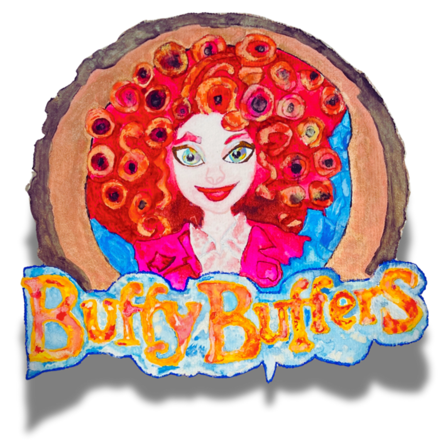 Decorative sign with a cartoon character and 'Buffy Buffers' text on a wooden background